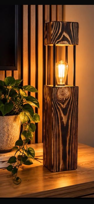 Unikatowa lampa drewniana HANDMADE – opalane drewno, styl loft, industrialna dekoracja