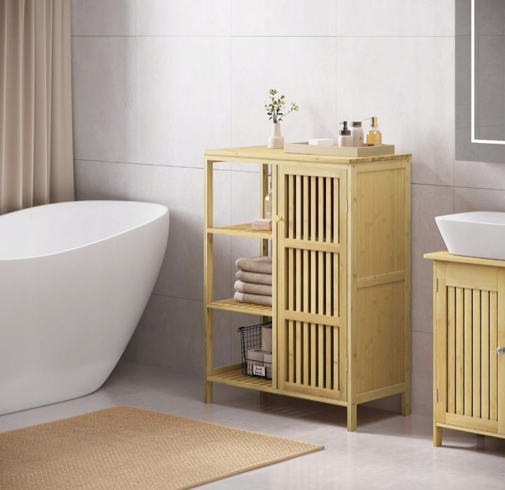 Organizer bambusowa  z drzwiami lamelowymi i otwartymi półkami