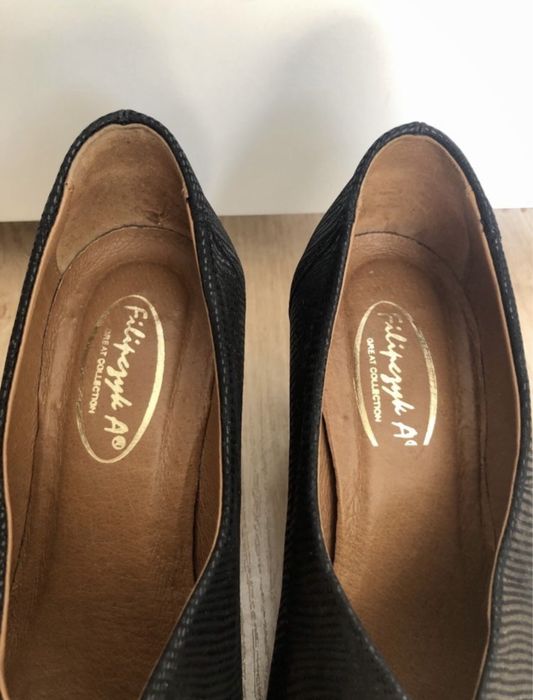 Eleganckie skórzane buty na obcasie Filipczyk (założone raz)