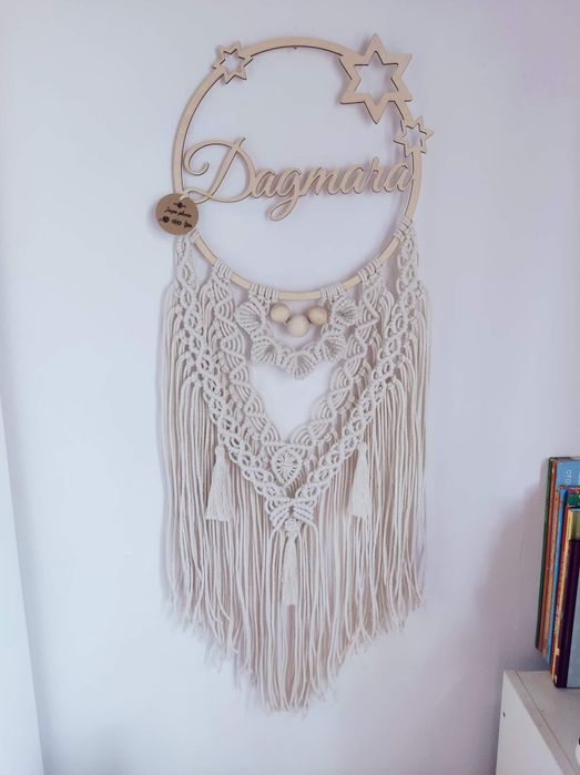 Łapacz snów imienny na kole makrama Boho ecru