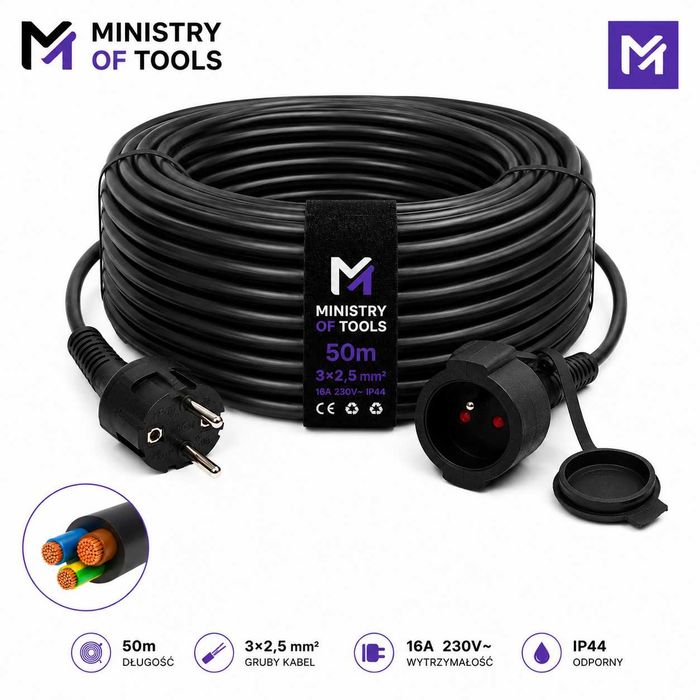 PRZEDŁUŻACZ budowlany, ogrodowy 50m 3X2,5 mm Gruby