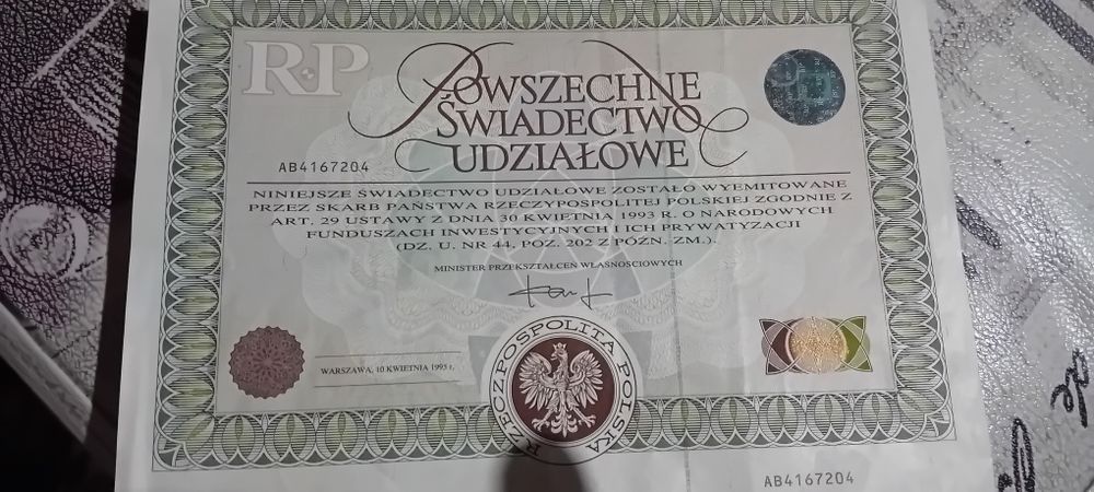 Autentyczne ,powszechne świadectwo udziałowe  PRL/,NFIz 1995 r