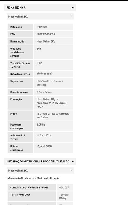 Zumub MASS GAINER 2Kg Chocolate Flavour (possivel 2a unidade por 12€)