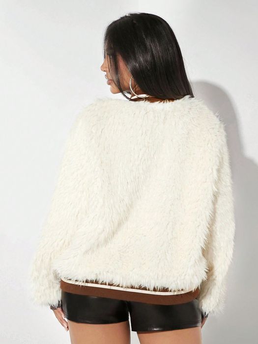 Kurtka Bomberka Futrzana Włochata Teddy Bear Ecru Shein Casual M 38