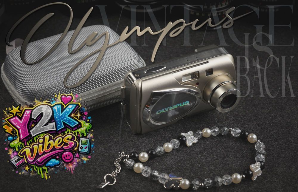 Vintage Retro y2k aparat Olympus + xD 128MB, pasek, ładowarka, etui