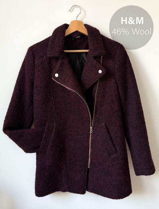 Wełniana ramoneska kurtka burgundowa wełna H&M 36 S boucle kieszenie
