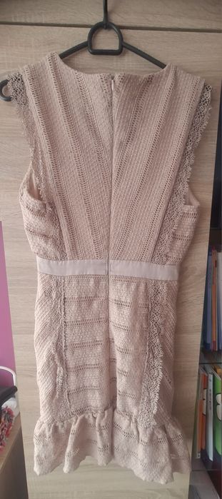 Pudrowa, letnia sukienka XS,S Koronka