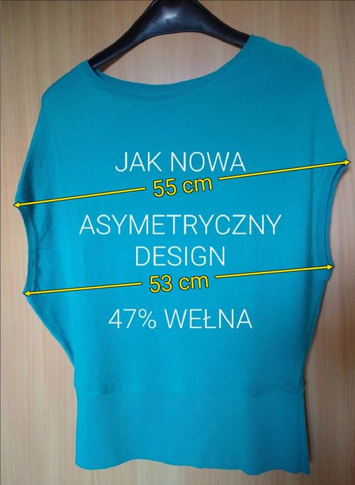 Super delikatna damska asymetryczna luźna sweterek/bluzka, 47% Merino