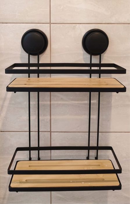 Półka łazienkowa ścienna  czarna bez wiercenia Bambus LOFT