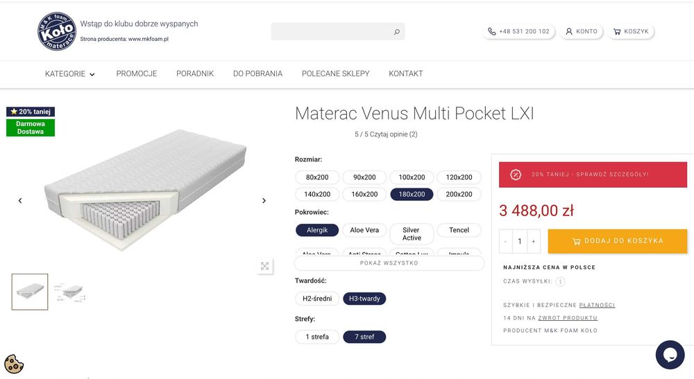 Materac Koło Venus Multi Pocket H2/H3 Alergic 180/200