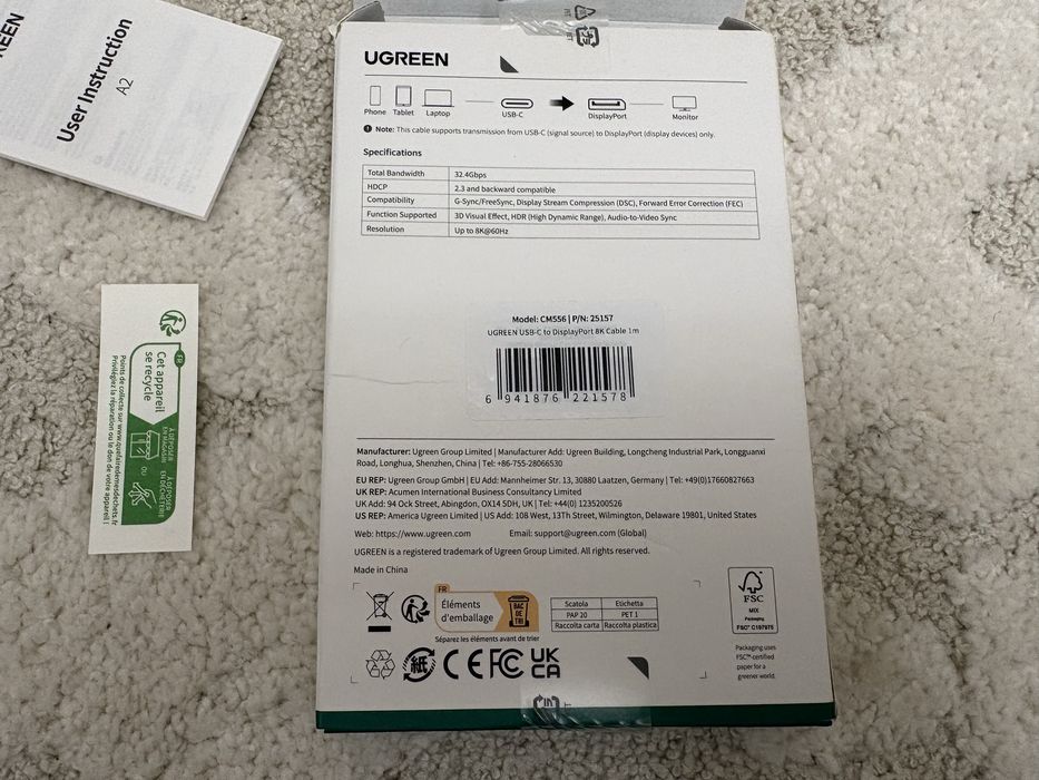 Кабель UGREEN CM556 USB-C to DisplayPort новий