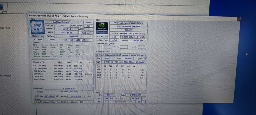 Asus G750JM Win10 24gb RAM 1250 ssd procesor i7