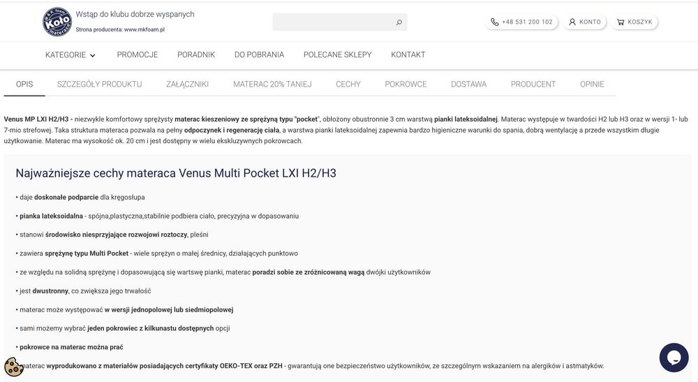 Materac Koło Venus Multi Pocket H2/H3 Alergic 180/200