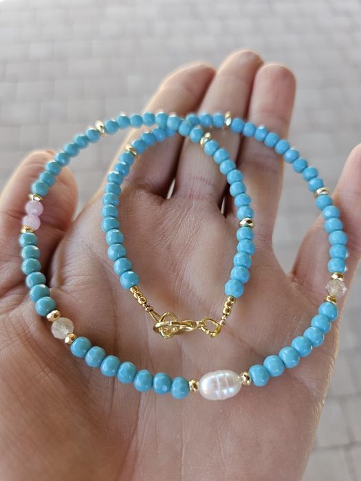 Naszyjnik Choker kamienie naturalne Jadeit Perła naturalna Kryształ