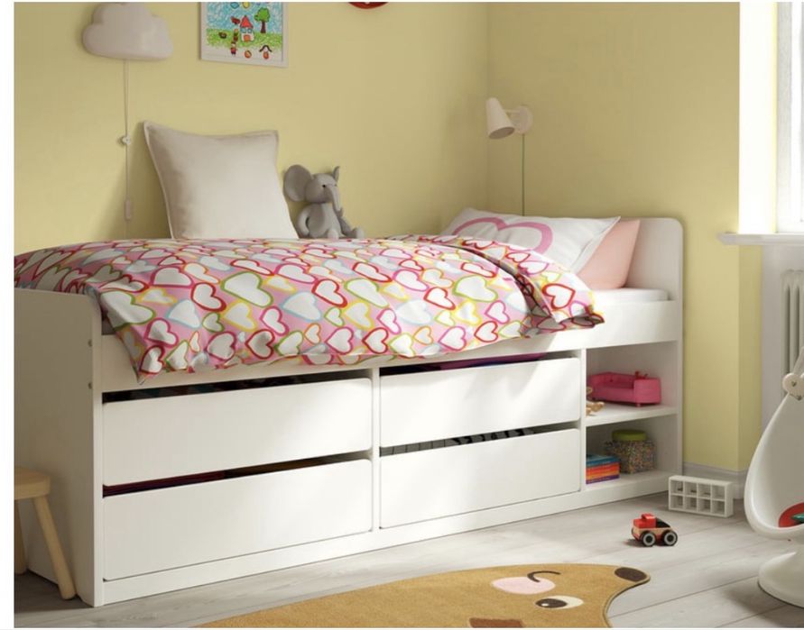 Cama solteiro 90x200cm c/ 4 gavetas + estrado ripas + colção c/ molas