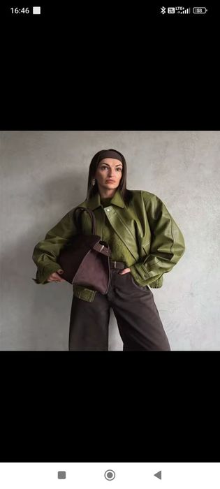 Hit kurtka over retro oliwka  khaki bomber Eco skóra ramoneska