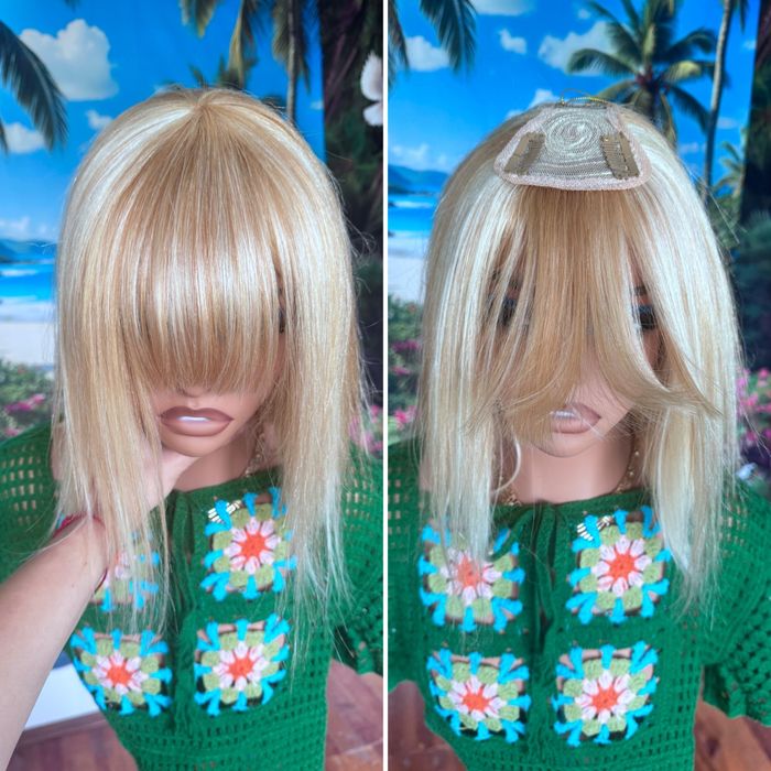 Натуральная накладка топпер чёлка типатинг волосы блонд 35 см