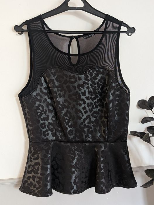 Wieczorowa, czarna bluzka z baskinką. Panterka. Siateczka. Primark. Rozm.40/ L