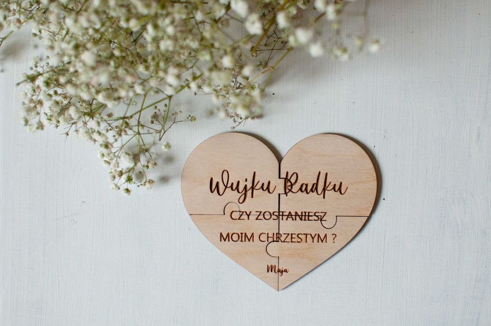 Czy zostaniesz moim Chrzestnym? Puzzle Prezent serce grawer, chrzest