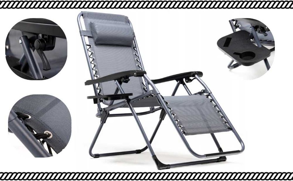 Leżak Grawitacyjny Ogrodowy Składany Regulowany z Poduszką i Uchwytem