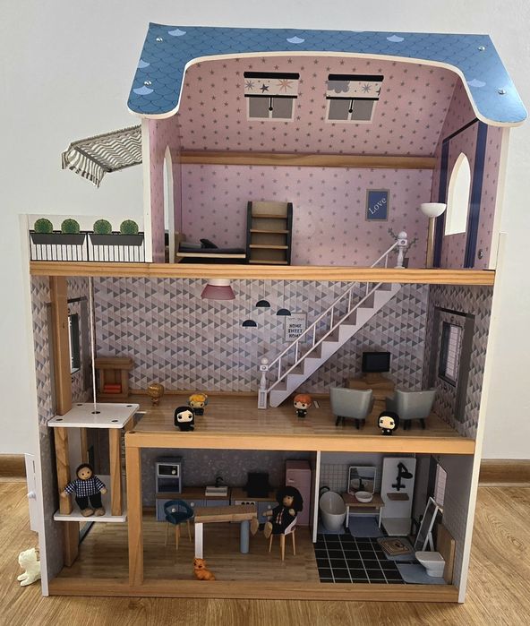 Drewniany domek dla lalek XXL  80 cm światło dźwięk winda