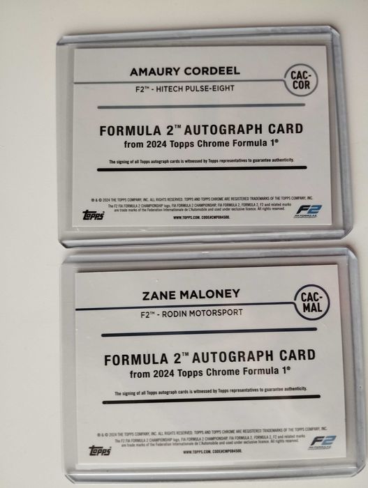 Cartas autografadas Topps Formula 2 Cordeel, Maloney