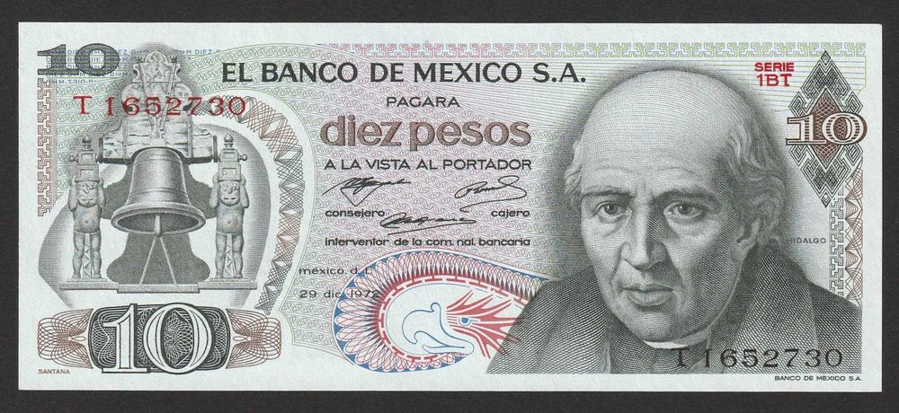 Meksyk 10 pesos 1972 - Hidalgo - stan bankowy UNC