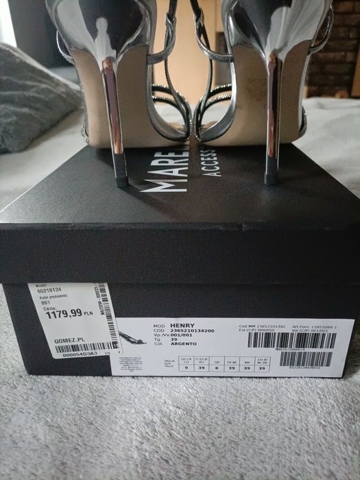 Sandały damskie szpilki studniówka srebrne Marella skóra 39