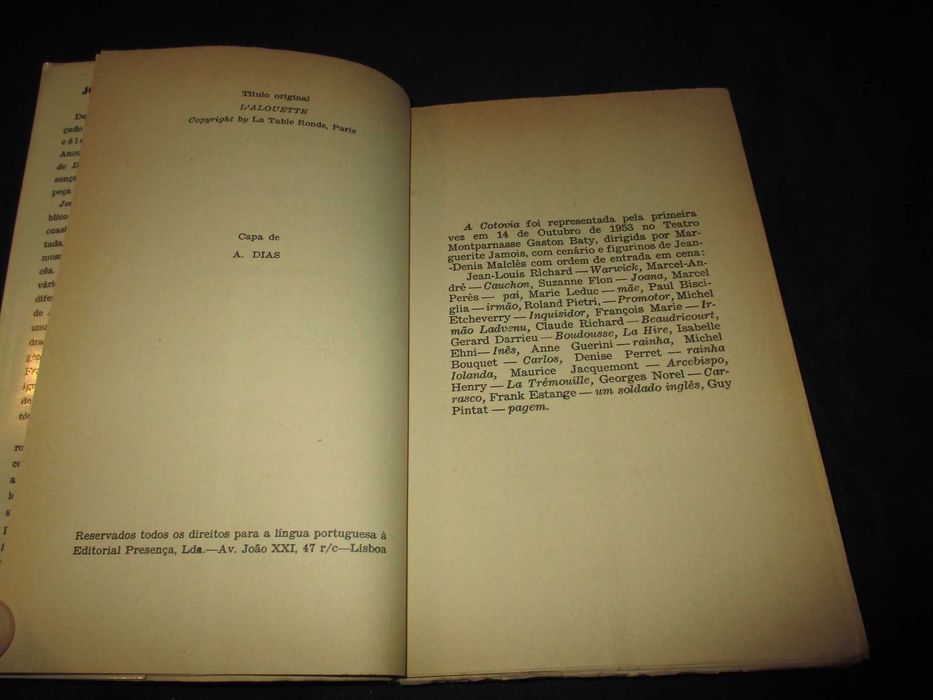 Livro Joana D'Arc A Cotovia Jean Anouilh Teatro