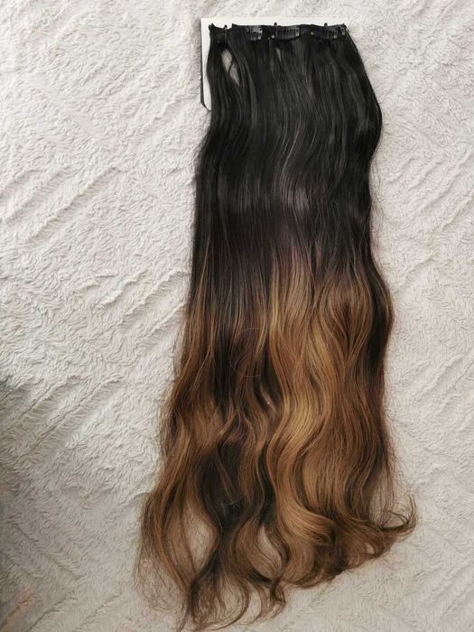 Doczepiane włosy ombre czerń brąz clip 65cm fale