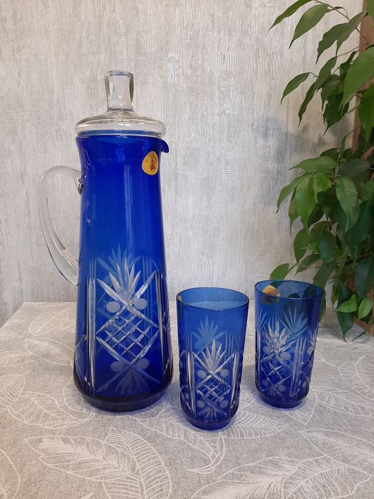 Кувшин и два стакана цветной синий хрусталь