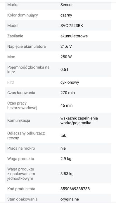 Odkurzacz pionowy Sencor SVC 7523BK czarny 

Sencor SVC 7523B