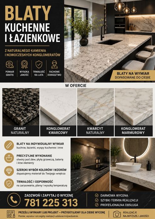 Blaty Kuchenne i Łazienkowe z Granitu,  Kwarcytu,Konglomeratu,Parapety