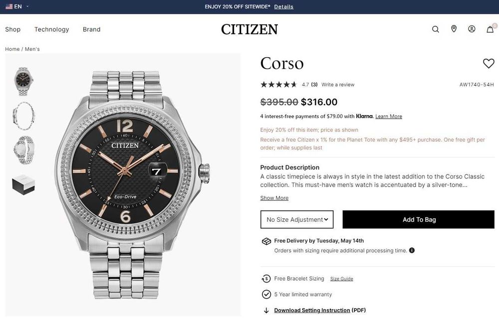 Японские мужские часы Citizen Eco-Drive AW1740-54H, солнечная батарея