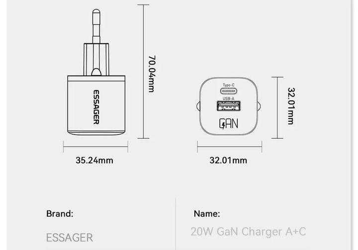 Комплект зарядного пристрою GaN 20W + USB кабель Type-C 7A Essager