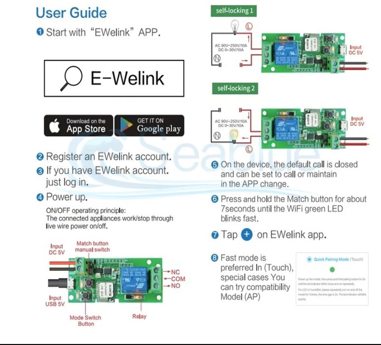 Módulo relé seco 5V a 32V wi-fi + RF eWelink