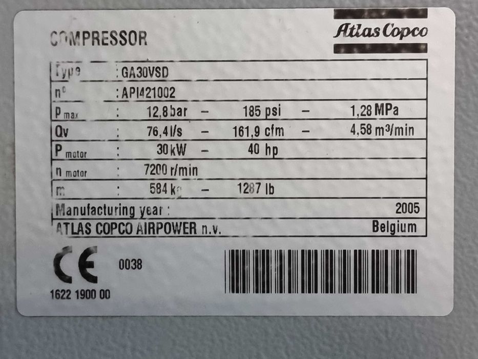 Sprężarka śrubowa ATLAS COPCO GA30VSD FF  z osuszaczem - Kompresor