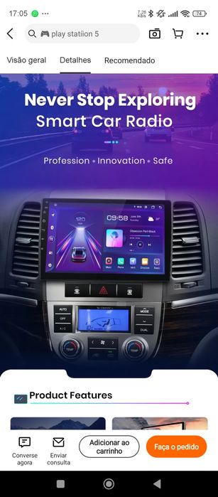 Rádio 9" android Hyundai Santa Fé 2006 a 2012 CARPLAY WIFI GPS 2/32GB