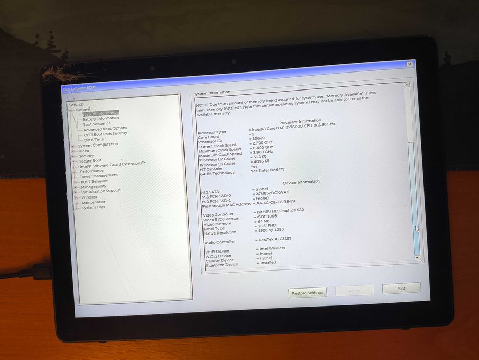 Планшет Dell Latitude 5285, 12.3", i7-7600U, оперативка 16Gb
