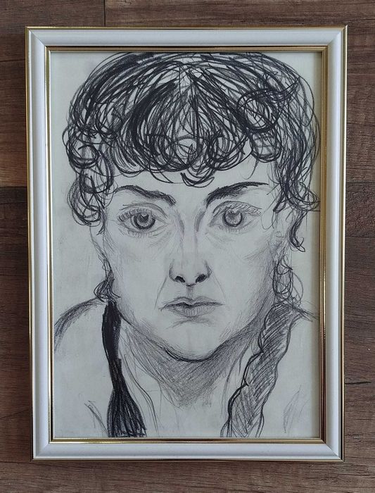 Autoportret - obraz współczesny wykonany kredką.
