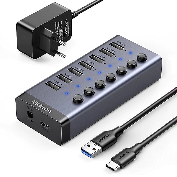 Ugreen wielofunkcyjny HUB 7w1 USB Typ C - 7x USB Typ A 3.0 PD DC 12V s