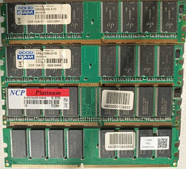 DDR 400 (3200) по 1 gb. Оперативка DDR 1-я для ПК. Рабочая, проверена.