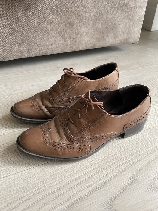 brązowe eleganckie skórzane buty półbuty oksfordki czułenka