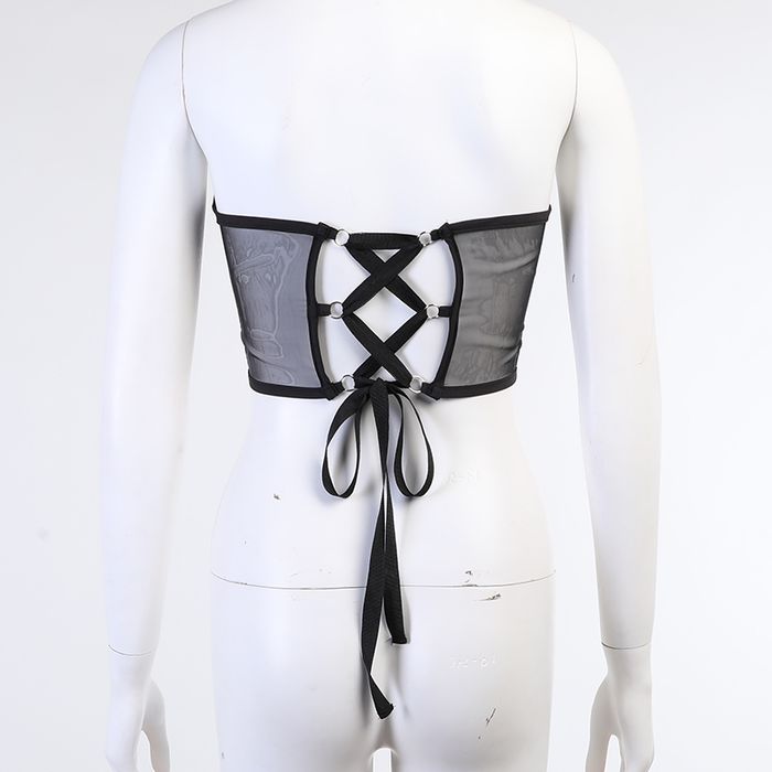 Damski gorset gotycki z siateczki i łańcuszkami pod biust - L