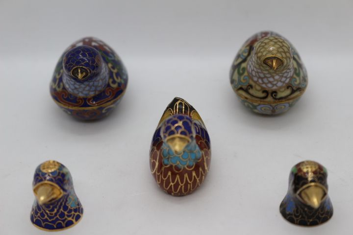 5 Peças Chinesas em Metal Cloisonné Codornizes, Patos e Pássaros