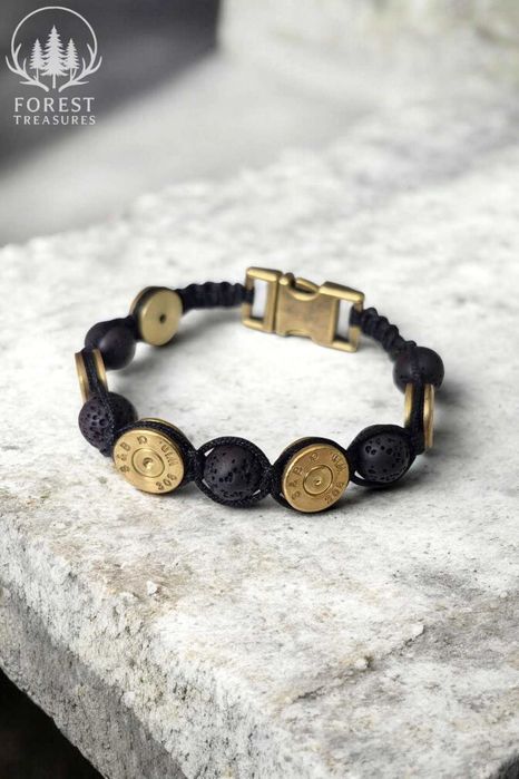 Ręcznie wykonana bransoletka militarna myśliwska łowiecka z łusek + Lawa. Handmade łuska + Mosiężne zapięcie. Kaliber 30-06, 308w, 7x64, lub 8x57 js