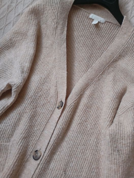 H&M M-XL Luźny prążkowany beżowy kardigan oversize z wełną