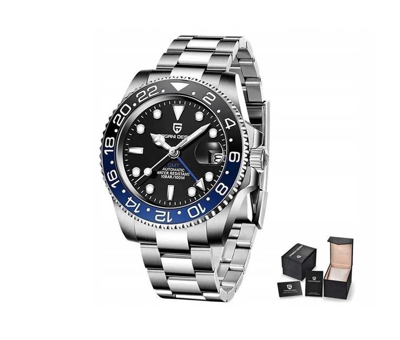 zegarek automatyczny Pagani Design 1662 GMT Batman 10bar szafir wzorowany na rolex gmt master batman