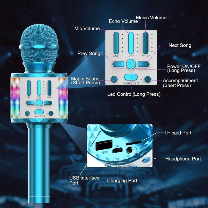 Microfone Karaoke Bluetooth Sem Fio Luzes LED  Gravação Natal