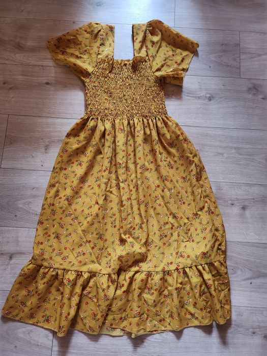 Sukienka damska maxi boho żółta w kwiaty elastyczna do L